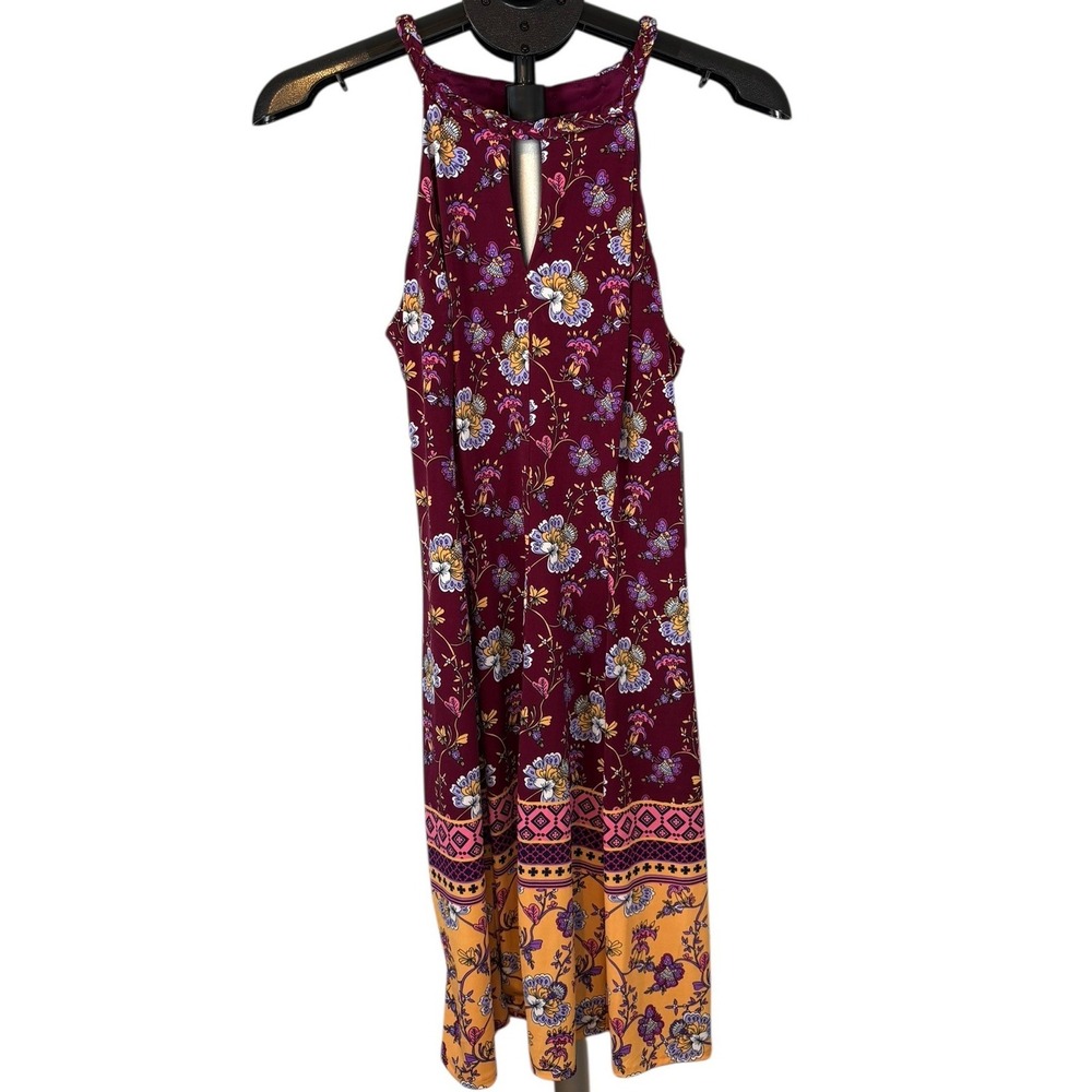 Maggy London Womens Plum Multi Floral Halter Keyhole Dress TS326M-ST Size 10 NEW